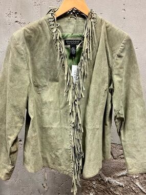 Dialogue Vintage Y2K Green Suede Leather Fringe Trim Jacket Western Eclectic L